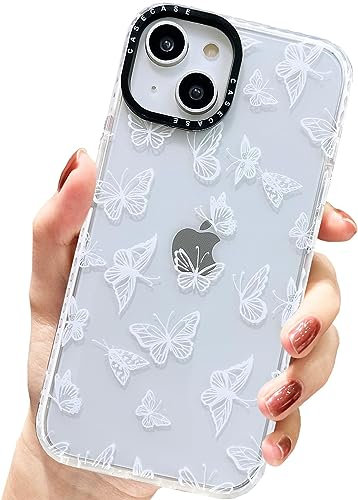 AMART for iPhone 13/iPhone 14 Case Cute,Clear with White Butterfly Pattern Design Women Girls Soft TPU Built-in Bumper Shockproof Protective Phone Cover for iPhone 13/iPhone 14(6.1 inch)