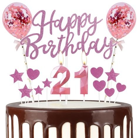 mciskin Pink 21st Birthday Decorations for Girl,3D Number 21 Candle for Cake,Pink Cake Toppers for Girl,Glitter Happy 21st Birthday Cake Toppers for Party Decorations Supplies
