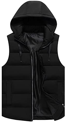 FWSHANGMAO Men'S Gilet With Hood Winter Windproof Body Warmer Jacket Pure Color Hooded Quilted Vest Sports Waistcoat Regular Fit For Camping,Travelling,Hiking,Black,Xl