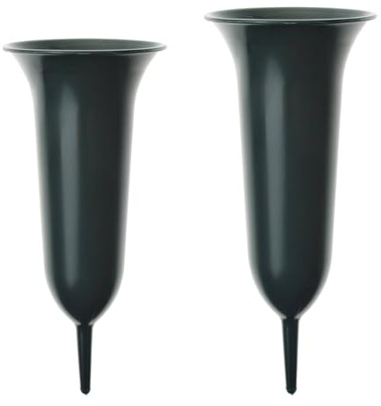 matches21 Zwei wetterfeste Grabvasen mit Erdspieß als Grabschmuck - Grüne Friedhofsvasen Set zum Stecken aus Kunststoff - Friedhof Steckvasen in 11,5 cm & 12 cm für Blumen Blumensträuße