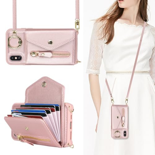 SailorTech iPhone X/XS Case with Zipper Credit Card Holder for Women, iPhone X Phone Leather Case Ring Stand with Card Slots Kickstand Wallet Crossbody for iPhone XS - Rose Gold