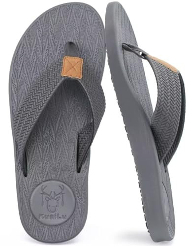 KuaiLu Mens Flip Flops Arch Support Comfortable Cushion Memory Foam Recovery Walking Waterproof Leather Thong Sandals Orthotic Plantar Fasciitis Summer Casual Beach Pool Slip on Slippers Grey 8.5