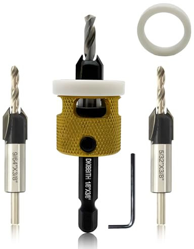 3 Pcs Countersink Drill Bit Set, HSS M2 Tapered Bits #10#12#14-1/8 9/64 5/32 Drill, 3/8” 82° Counter-Bore, 1/4” Hex Shank, with Adjustable Depth Stop for Accurate Woodworking with Carrying Case