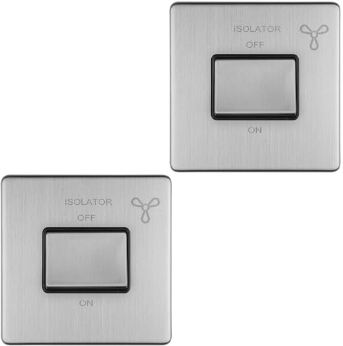 2 Pack SCREWLESS 6A Extractor Fan Isolator Switch Satin Steel 3 Pole Shower - 230V Bathroom Wetroom Fan Switch Wall Plate