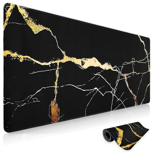Niviy Gaming Mousepad 900x400mm Schwarz Marmor-Mauspad mit Genähten Kanten,Rutschfester Schreibtischunterlage mit Motiv Verbessert Präzision und Geschwindigkeit,Für Büro und Zuhause