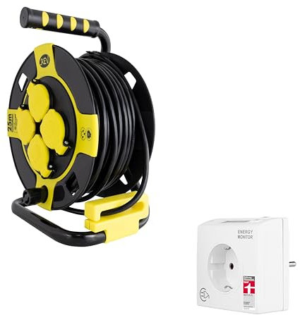 REV Stromverbrauchsmesser & Kabeltrommel im SPARSET – Stromzähler für Steckdose (Stiftung Warentest Note 1,7) + Kabeltrommel 25m IP44 Outdoor, 4 Schuko-Steckdosen, gelb