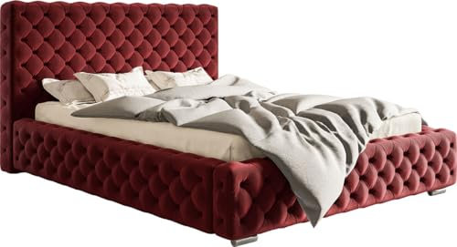 Emporius Doppelbett Chesterfield 180x200 cm Adonis - Polsterbett mit Bettkasten, Lattenrost, Samtstoff, Glamour Stil - Rot (Amor Velvet 4307)