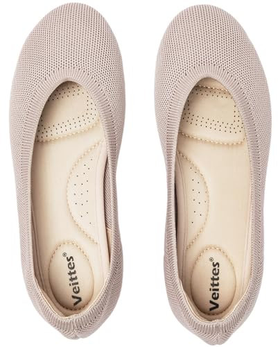 Veittes Women's Wide Width Flat Shoes - Dressy Knitted Comfortable Breathable Cute Slip-On Ballet Flats.(2205002-3,TA/FK,UK7 Wide)