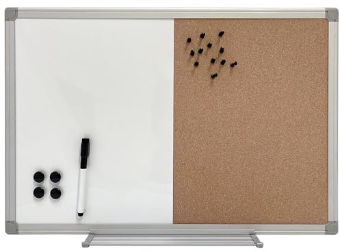 DisplayLager kombitavla magnetisk whiteboard och korkanslagstavla med markörer, magneter, stift, monteringsmaterial och pennhylla (60 x 40 cm)