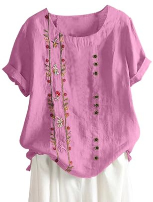 Chemise Lin Femme Manches Courtes Ete Chemisiers et Blouses Femme Imprimé Floral Tee Shirt Chic et Elegant Boheme Chic T-Shirt Lâche Respirant Coton Lin Tops Mode Ample Légère