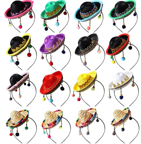 Swakuta 16 Pcs Fiesta Fabric and Straw Sombrero Headbands Classic Cinco De Mayo Sombrero Headband for Luau Event Photo Props Fun Fiesta Hat Party Supplies Mexican Theme Party Decor (Color Style 1)