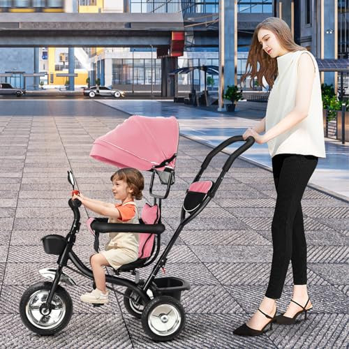 Tricycle de Bébé,Tricycle Enfants évolutif avec Pare-Soleil Pliable et Canne Parentale Ajustable-Roues Silencieuses- Jeux au Volant(75 * 46 * 106) 4 en 1 - Rose