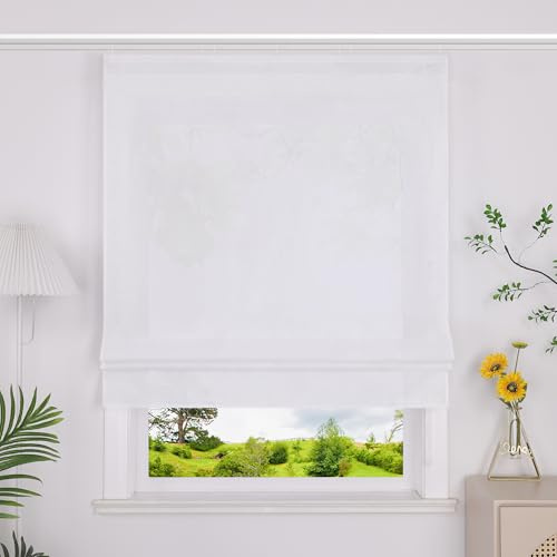 Heichkell Raffrollo mit Klettband Halbtransparent Raffgardine Küche Rollo Einfarbige Gardine Weiß BreitexHöhe 60x140 cm