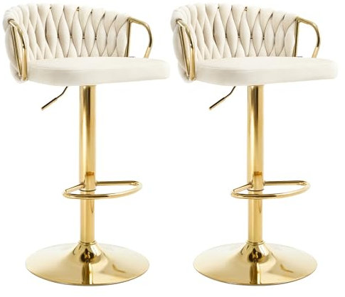 WOLTU Lot de 2 Tabouret de Bar avec Dossier Tissé et Repose-Pieds, Tabouret Pivotant à 360°, Hauteur Réglable, Base Évasée en Métal, Crème, BH426cm-2