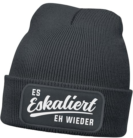 MoonWorks® Damen Beanie mit Patch Strickmütze mit Spruch Party Eskaliert eh Wieder Aufdruck Lustig Damenmütze