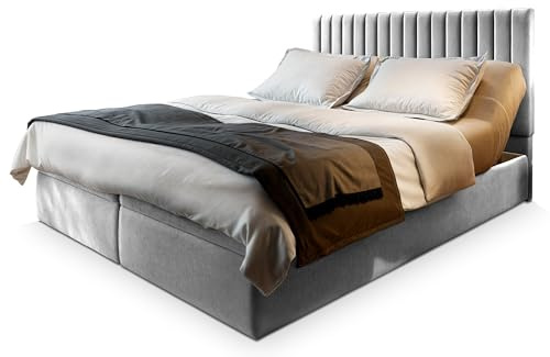 Masseno Boxspringbett MURLO 180x200 cm Komplett-Set mit Matratze und Topper, Polsterbett mit Zwei Bettkästen -Hellgrau, Paros 05