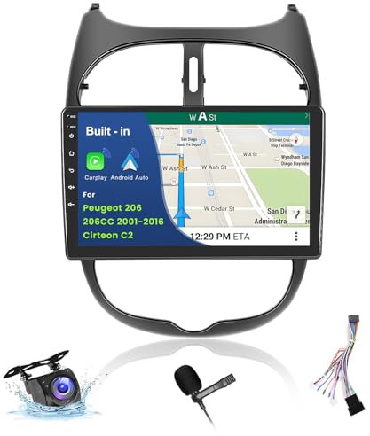 Inefala Upgrade 9 Touchscreen Car Radio, 2 DIN Car Stereo para Peugeot 206/206CC/Cirteon C2 2001-2016, 2G+64G, Wireless Carplay & Android Auto, GPS/WiFi/BT/USB/RDS/FM Mic Rear View Camera