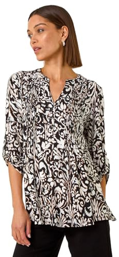 Roman Originals Pintuck Shirt for Women Ladies Jersey Blouse Collarless Top Flare Crinkle Notch Neck Tunic 3/4 Length Sleeve Longline Smart Casual Party Going Out - Cream Noir - Size 12