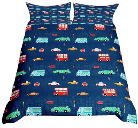Homewish Kids Cute King Size Duvet Cover Sets 3 Pieces, Cartoon Car Bedding Sets for Boys Girls Teens, Navy Reversible Quilt Cover, Colorful Vehicles Print Bed Set, Microfibre Soft, 2 Pillowcases