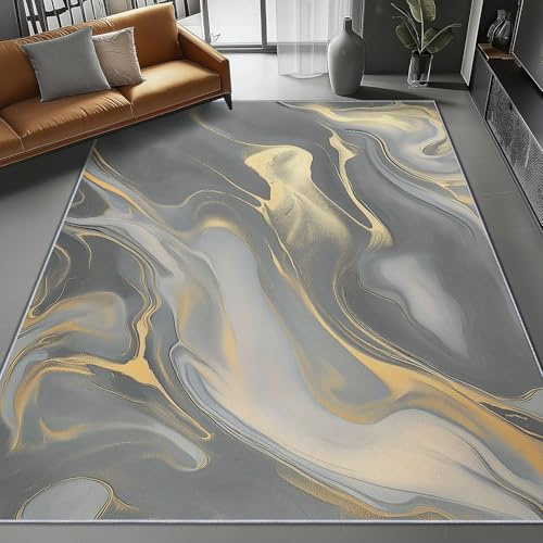 Teppich Wohnzimmer Kurzflor Aquarell Marmor Abstrakt 80 x 150 cm Maschinenwaschbar Pflegeleicht Rutschfester Teppich ideal fürs Wohnzimmer, Schlafzimmer und Kinderzimmer Grau Gold