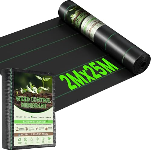 Heavy Duty Weed Control Membrane 2Mx25M,Durable&Air and Water Permeability Weed Suppressant Membrane, Effectively Control Weeds, Woven Roll Ground Cover for Patios, Garden, Flower beds, Landscaping