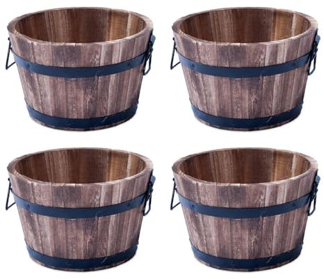 shopior Rustic Round Burnt Wood Whiskey Barrel Planter – Outdoor Wooden Garden Plant Pot with Handles – Weatherproof Flower Tub with Drainage – Decorative Patio & Balcony Planter (30cm 12inch 4Pack)