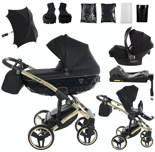 Junama Kinderwagen Diamond S 02 Schwarz und Golden - 2in1 3in1 4in1 mit Sonnenschirm (4 in 1 mit ISOFIX Basis)
