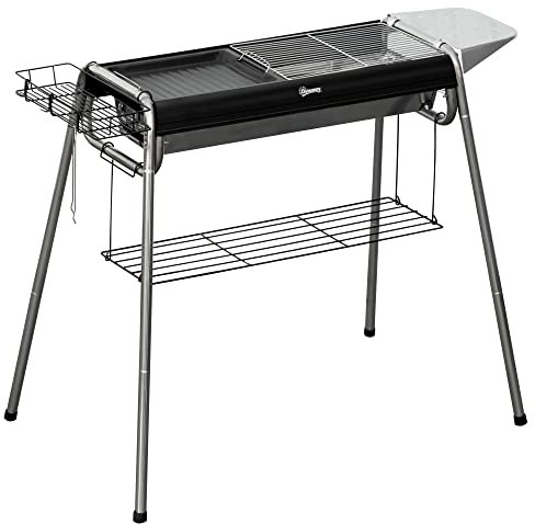Outsunny Portable Charcoal Barbecue BBQ Grill with Griddle Plate, Easy Assembly, Stainless Steel Cooker with Seasoning Baskets, Storage Shelves and Hooks for Camping Picnic Hiking Garden Party