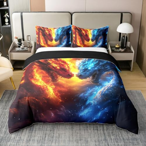 EIS Feuer Drache 100% Baumwolle Bettbezug 135x200 für Jungen Mädchen Magische Wildtiere Bettwäsche Set Flamme Anime Blitz Thema Tröster Abdeckung Monster Drache Atmungsaktives Wildtiermuster Bett Set