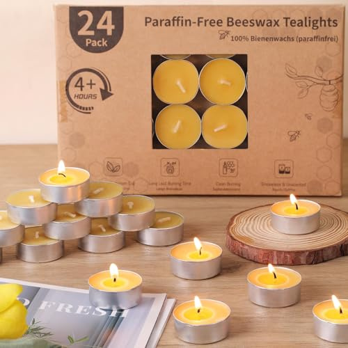 24PCS Beeswax Tealight Candles, Pure Beeswax Tea Lights Candle | Natural Organic Tealights Candles Unscented Smokeless Clean Burning with 4 Hour Burn Time