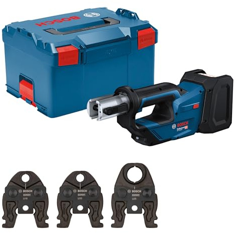 Bosch Professional 18V System Akku Presswerkzeug GPT 18V-19 (19 kN Kraft, um 360° drehbarer Kopf, inkl. Pressbacke Comp. U16, U20, U25, L-BOXX)