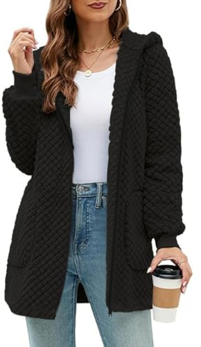 ABYOVRT Giacca in Pile Donna con Cappuccio Lunga Giacca Teddy Calda Pile Morbido con Tasche Cappotto Invernale Giacca Accogliente,S-XXL