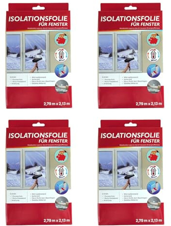 4x Isolationsfolie für Fenster Transparent je 2,79 x 2,13 m inkl. Klebeband Isolierfolie Wärmeschutz Fensterfolie Isofolie
