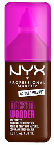 NYX Professional Makeup Make 'Em Wonder Foundation, 24H Soft Matte Aufbaubare Foundation, Mit hoher Deckkraft, Mattes Finish, 41 Deep Walnut