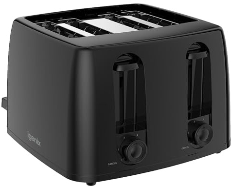 Igenix 4 Slice Toaster – 1300W Power, 100 x 100mm Toasting Slots, 6 Variable Browning Levels, Integrated Browning Control Dial with Cancel Function, Removable Crumb Tray, Cord Storage (Black)