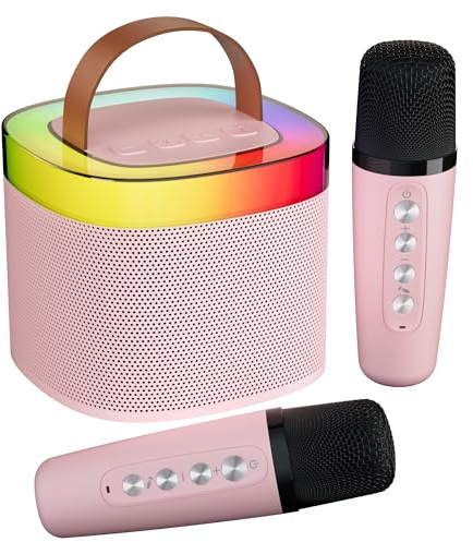 Aplsinvivi Portable Bluetooth Karaoke Machine,Mini Speaker with 2 Wireless Microphones,Microphone with 5 Voice Changing Effects & LED Light, Gifts for Girls Ages 3-12 +Year Old Birthday Party, Pink