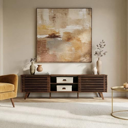 IDIMEX TV Lowboard RIAN mit 2 Schiebetüren für 75 TV Nussbaum Finish - TV Kommode aus massivem Kiefernholz, 3 verstellbare Einlegeböden, TV Sideboard