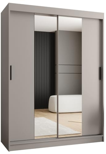 Kryspol - Schwebetürenschrank - Kleiderschrank mit Spiegel - Kleiderschrank 150 cm Breit x 200cm(H) x 62cm(T), 2 Türen, Laminierte Möbelplatte, Schiebetürenschrank Rubino T1 150, Farbe Kaschmir