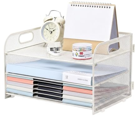 Ablagefächer Stapelbar A4, 3 Fächer Mesh Design Schreibtischablage Papierablage mit Griff, Papier-Organizer, Aktenablagen, Schreibtischhalter für Papierbriefzubehör, Weiß