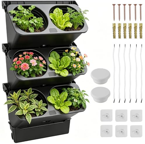 BORDRISE 3-Tier Wall Planter 6 Pockets Vertical Garden with Drainage | Space-Saving Wall Mount for Indoor, Balcony and Fence; Herbs, Flowers and Succulents; Raised Soil, Filter Board and Drip Tray