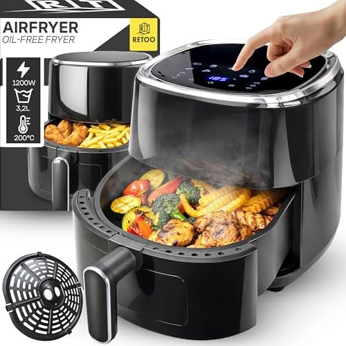 Retoo Heißluftfritteuse 3,2L 1200W Airfryer Mit LCD Touchscreen, 9 Kochprogramme, Einstellbare Temperatur 80–200 °C, Antihaft-Behälter, Energiesparend, Fettarm Koche für Zuhause & Familie