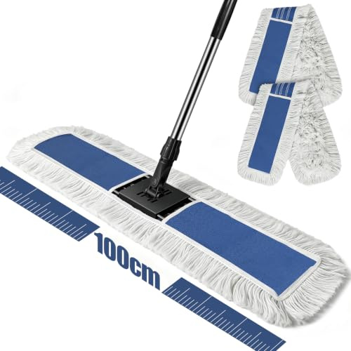 MASTERTOP Large Industrial Mop,100cm Heavy-Duty Dust Mop for Floor Cleaning | 2 Reusable Cotton Pads, 162cm Long Handle, Wet & Dry Use for Warehouse, Hotel, Office & Commercial, 360° Swivel Head