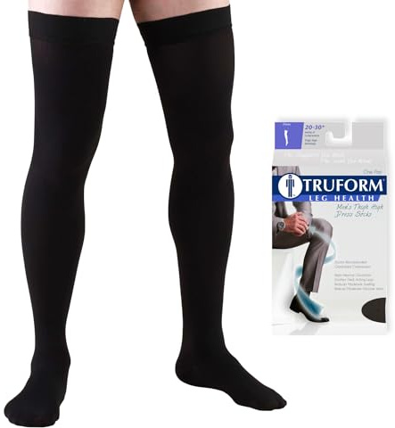Truform Compression Socks, 20-30 mmHg, Men's Dress Socks, Thigh High Over Knee Length, Black, Large