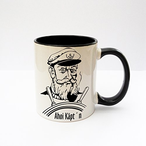 Becher Tasse Kaffeetasse cup mug Ahoi Käpt'n Kapitän Steuerrad maritim ts133 - ausgewählte Farbe: *Schwarz*