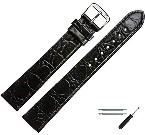 MARBURGER Uhrenarmband 22mm Leder Schwarz Silber XL Kroko Prägung Mit Naht - Montage Set 6812210000120