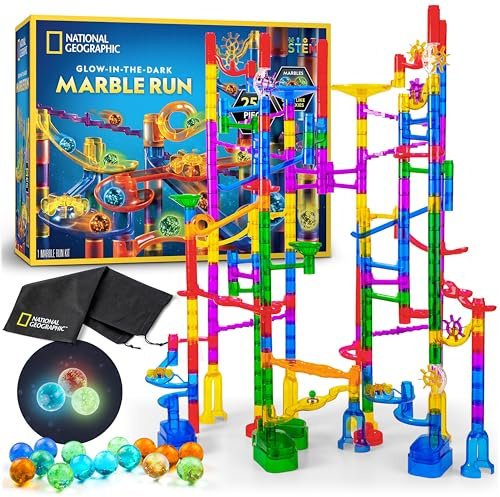 NATIONAL GEOGRAPHIC Glowing Marble Run – 250 Piece Construction Set with 50 Glow in The Dark Glass Marbles & Storage Bag, STEM Gifts for Boys and Girls, Building Project Toy (Amazon Exclusive)