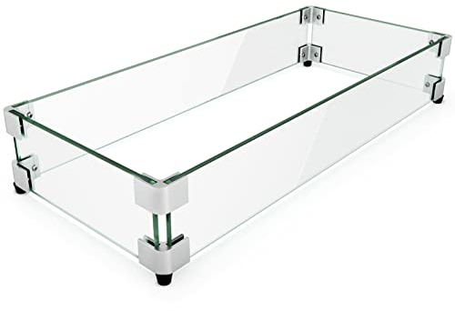 GASPRO Pare-vent en verre 73 x 33 cm pour table de brasero rectangulaire, panneau en verre trempé épais et robuste avec support d'angle en aluminium dur et pieds en caoutchouc, facile à assembler
