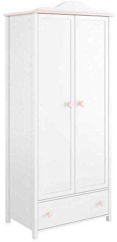 Furniture24 Kleiderschrank Luna LN12 Schrank Mädchenzimmer Drehtürenschrank 2 Türiger mit 2 Kleiderstangen 3 Einlegeboden und Schubkästen Alpinweiß/Rosa