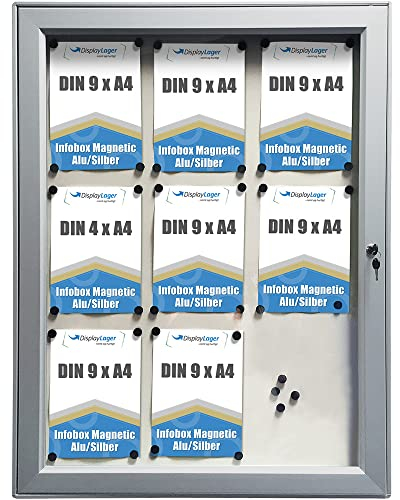 DisplayLager - Magnetischer Schaukasten m. Verschluss, für Whiteboard Marker geeignet, inkl. Magnete, Aufhängeprofil, Befestigungsmaterial, Schlüsselsatz (9 x A4)