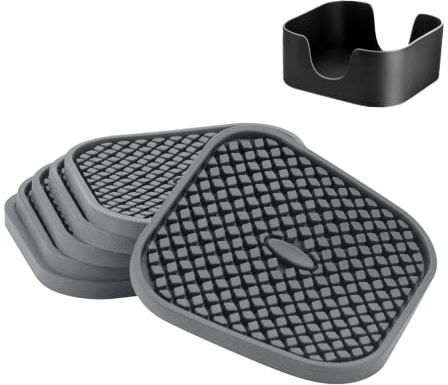 Set aus 6 Silikon-Untersetzern mit Halter - Tief gerillt, saugfähig, großes 4-Zoll-Becher-Untersetzer - Perfekt für heiße und kalte Getränke(Quadratisch - Grau)